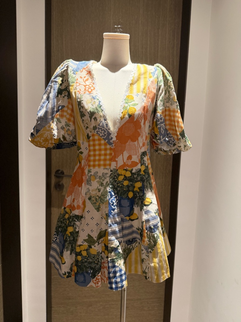 Patchwork V-Neck Puff Sleeve Mini Dress in Yellow & Blue - Picture 2 of 12